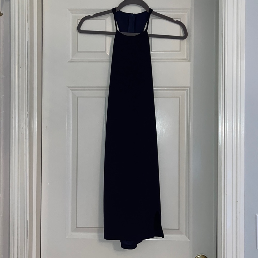 Prom Girl Navy Blue Midi Dress with Open Back and Mini Slit